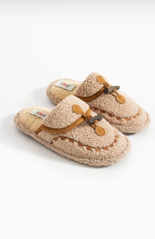 Beige Teddy Fleece Moccasin Slippers